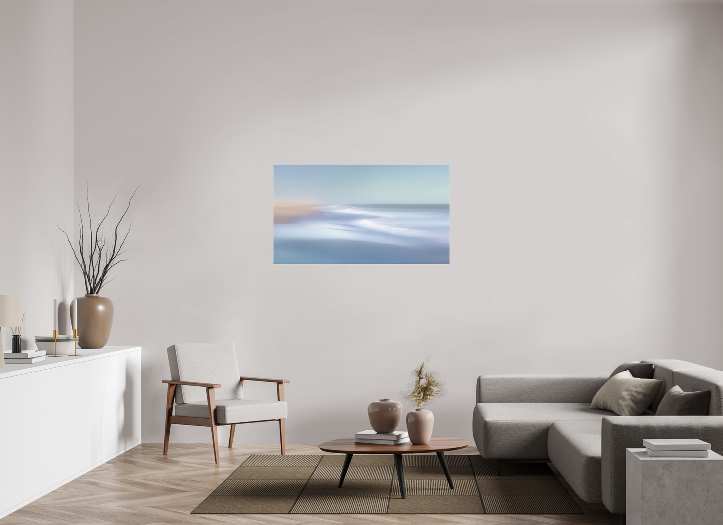 128 x 72 cm, Acrylglas glänzend standard Verwehter Horizont – Strandlicht in Blau—Wandkunst, Fine Art Print, Leinwand, Acryldruck, Alu-Dibond