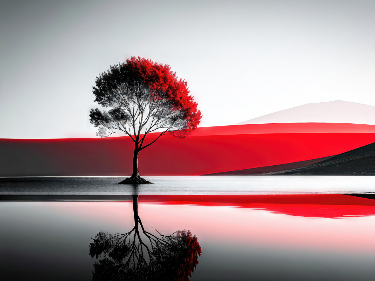 Surreale Leinwand-Kunst 'Baum am Ufer' – meditative Uferszene