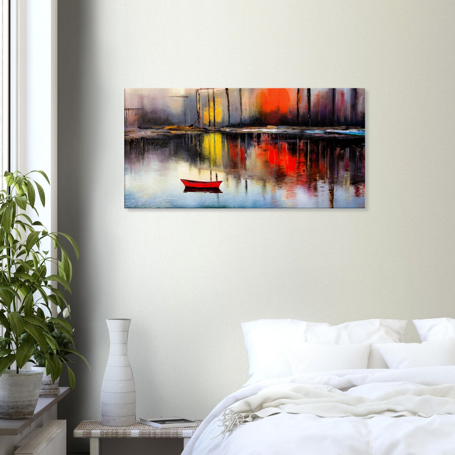 Boot-02-21a, peinture murale, toile, bateau, mur de quai, port, reflet d'eau, pittoresque, coloré, rouge, bleu, jaune,