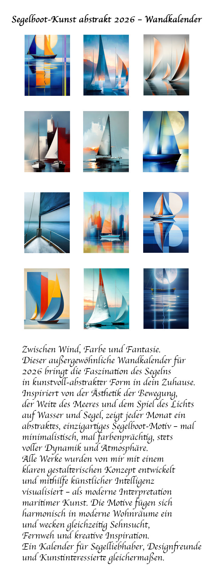 Segelboot-Kunst Abstrakt 2026 – Hochwertiger Wandkalender vertikal, deutsch, Segelschiffe, maritim, künstlerisch