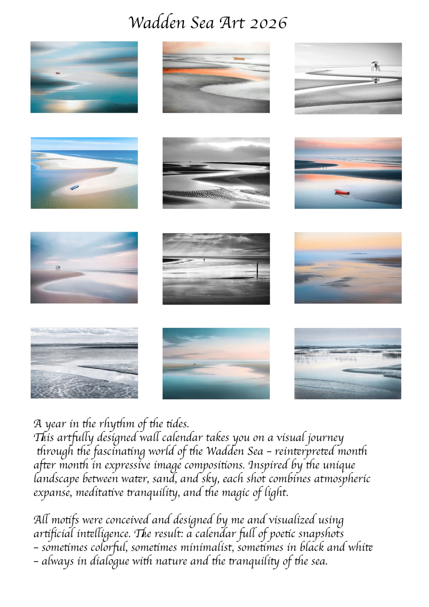 Calendrier mural Wadden Sea Art 2026, français, format A4 et A3, vertical, vasières, mer, calendrier