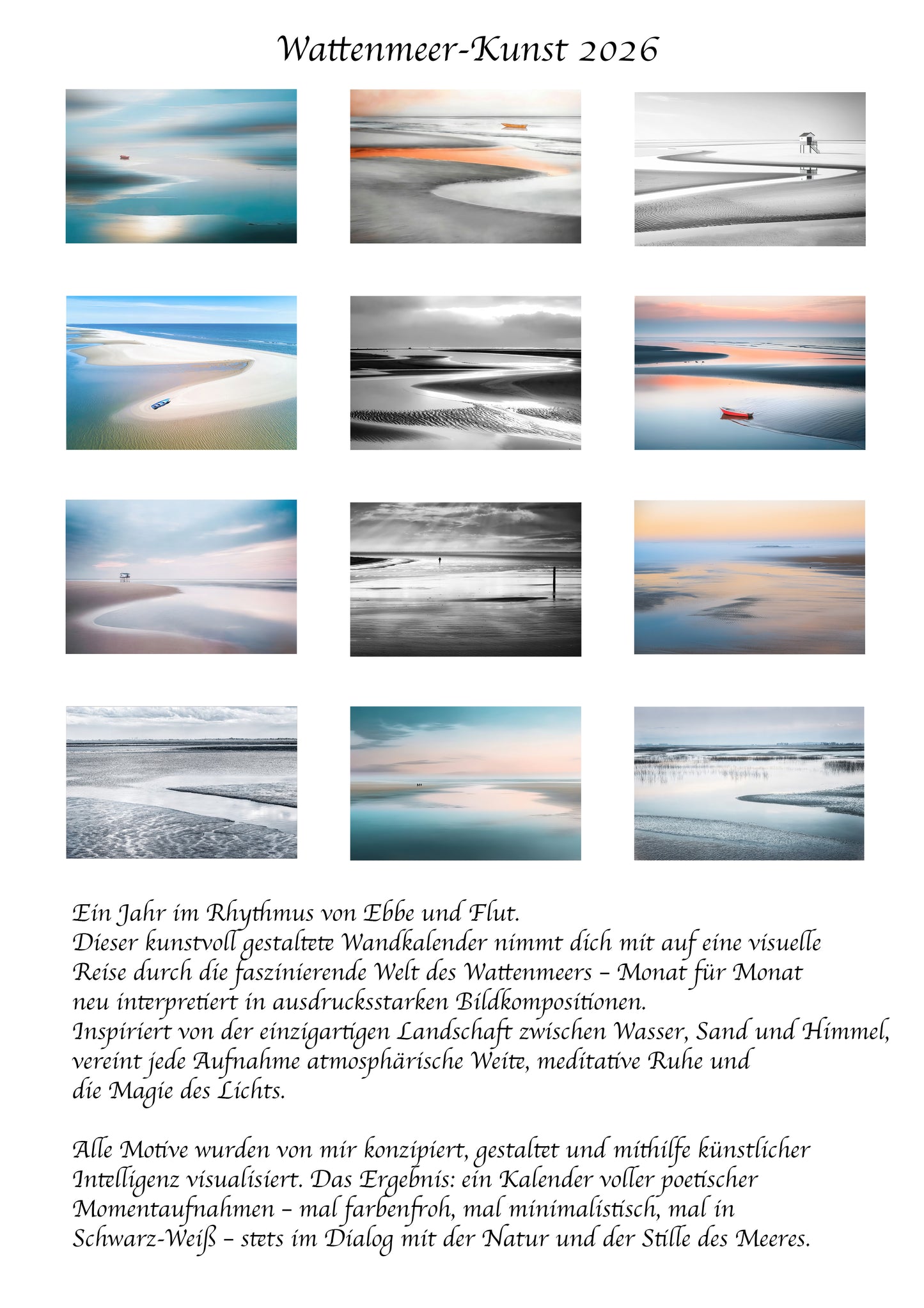 Wandkalender Wattenmeer-Kunst 2026, deutsch, vertikal, A4 und A3, Watt, Kalender