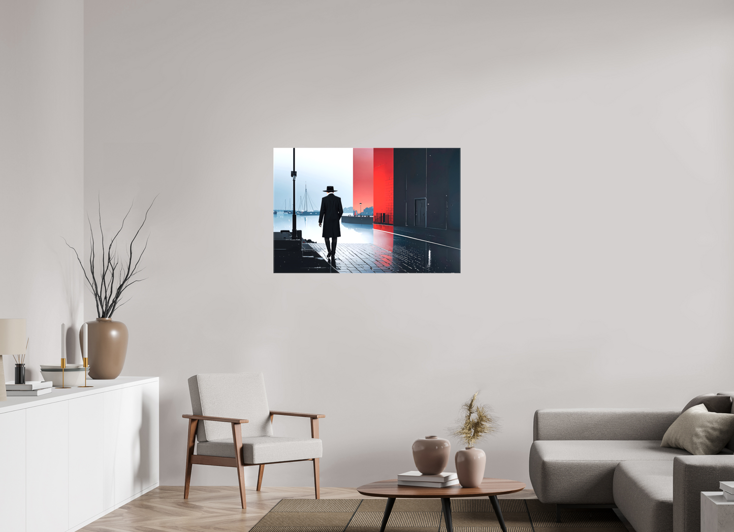 105 x 70 cm, Leinwand glänzend Mann in Hafenstadt -noir city- 01