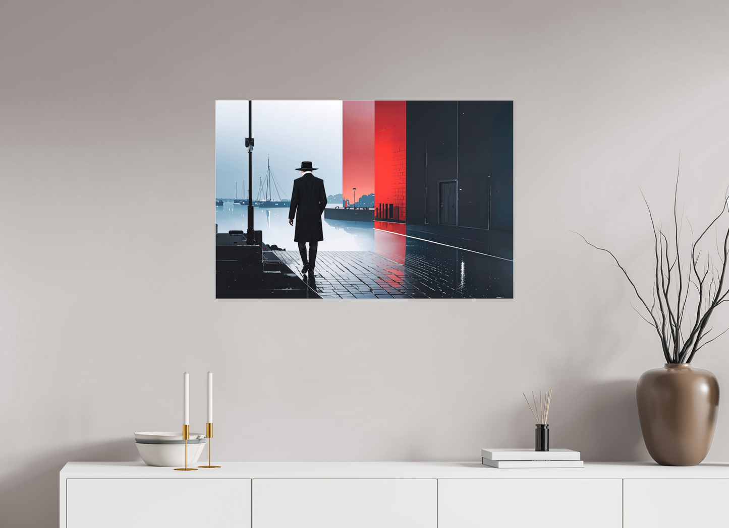 90 x 60 cm, Fine Art Pigmentdruck hinter Acrylglas Mann in Hafenstadt -noir city- 01