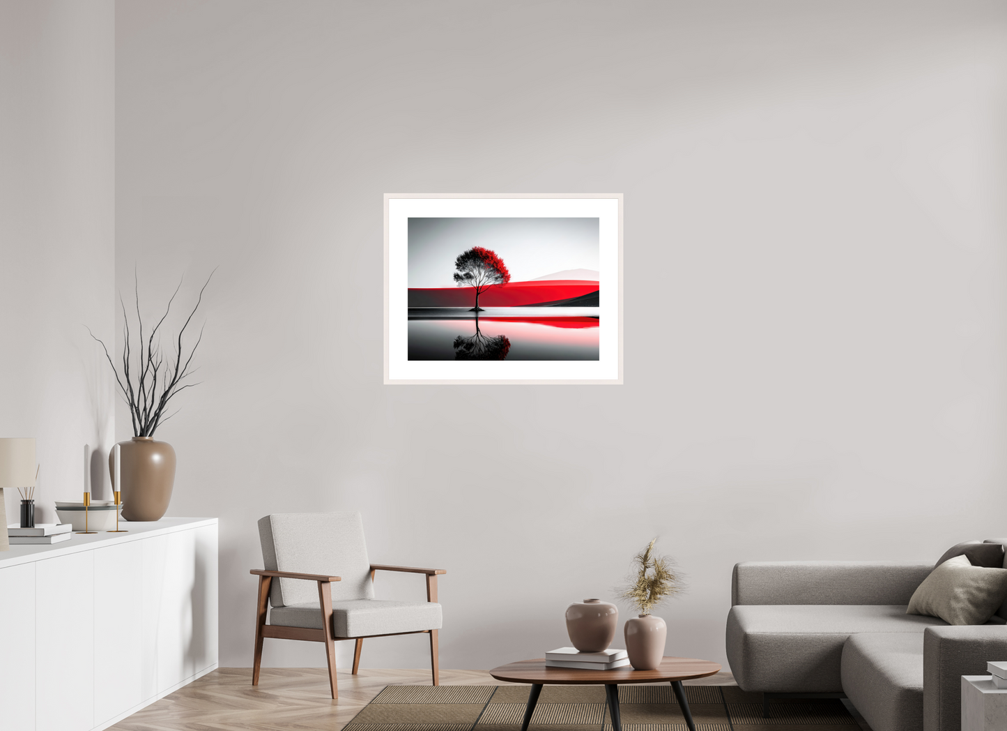 80 x 60 cm, Fine Art Print gerahmt Baum am Ufer surreal-01—Wandkunst, Fine Art Print, Leinwand, Acryldruck, Alu-Dibond