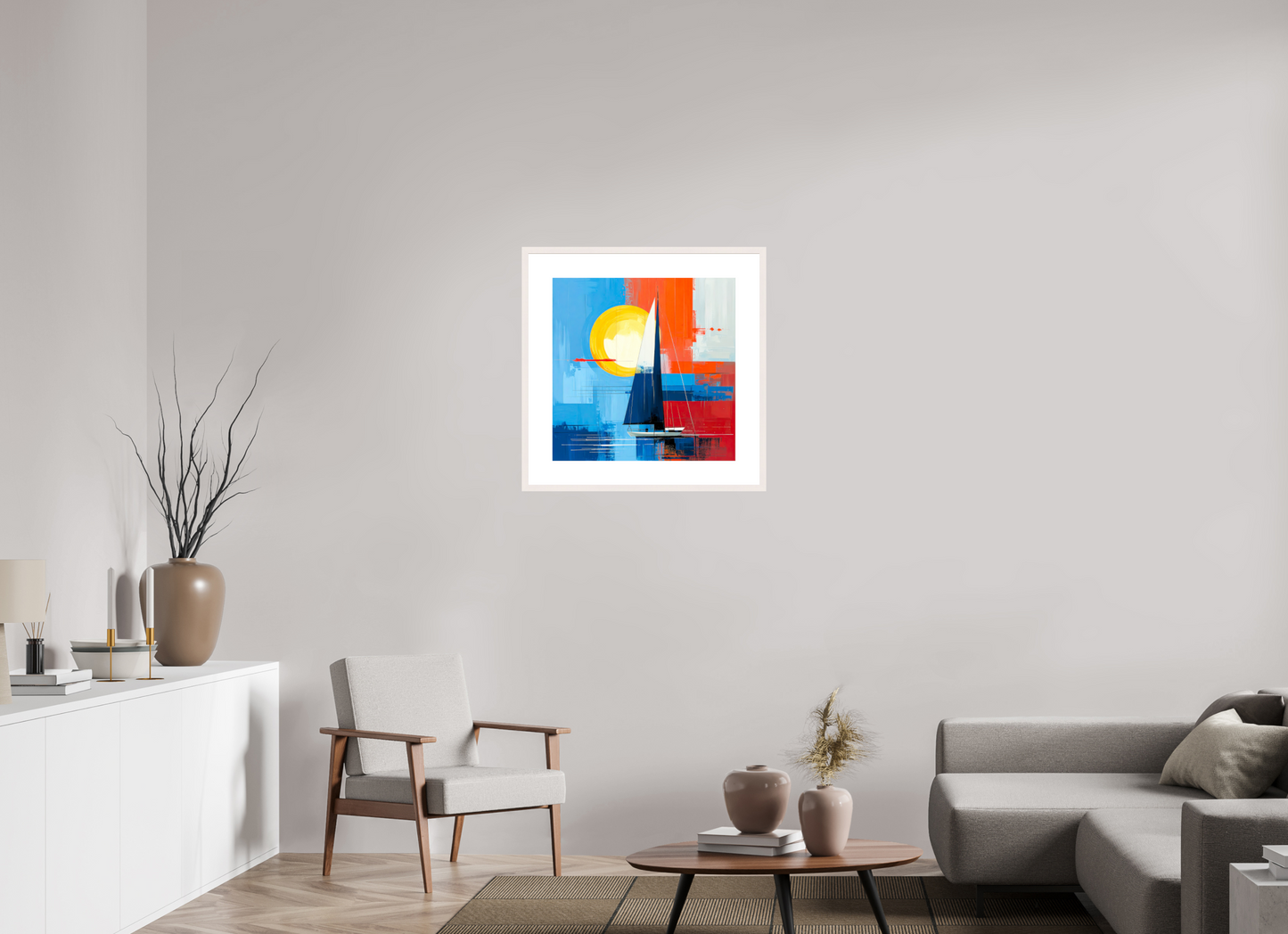 60 x 60 cm, Fine Art Print gerahmt Segelboot-Kunst – Licht, Farbe und Bewegung