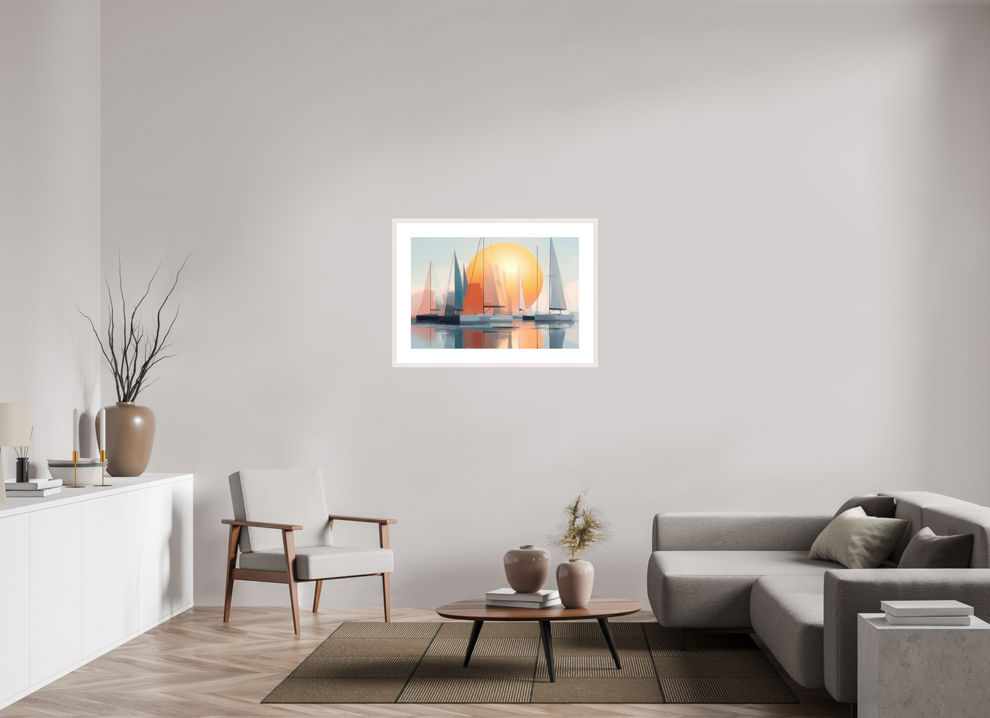 90 x 60 cm, Fine Art Print gerahmt Segelboot-Kunst - Zwischen Horizont und Geometrie-01