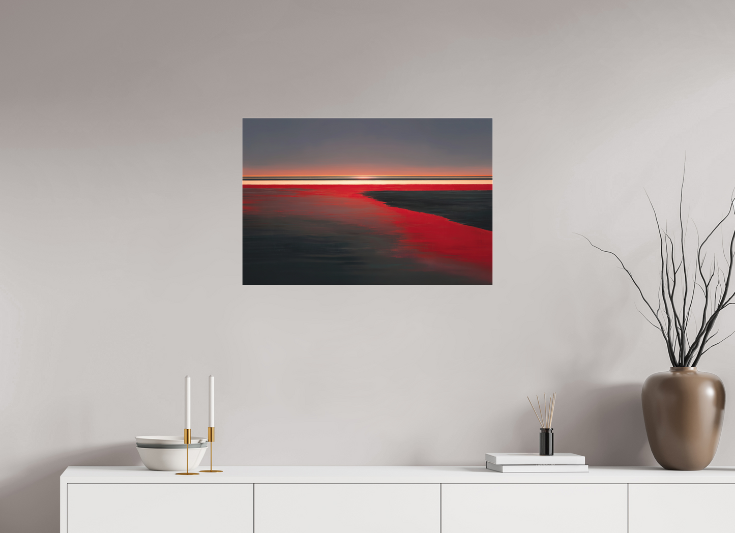 75 x 50 cm, Fine Art Pigmentdruck hinter Acrylglas Roter Spiegel des Watts, Abstraktes, surreales Wandbild zeigt die Magie des Wattenmeeres