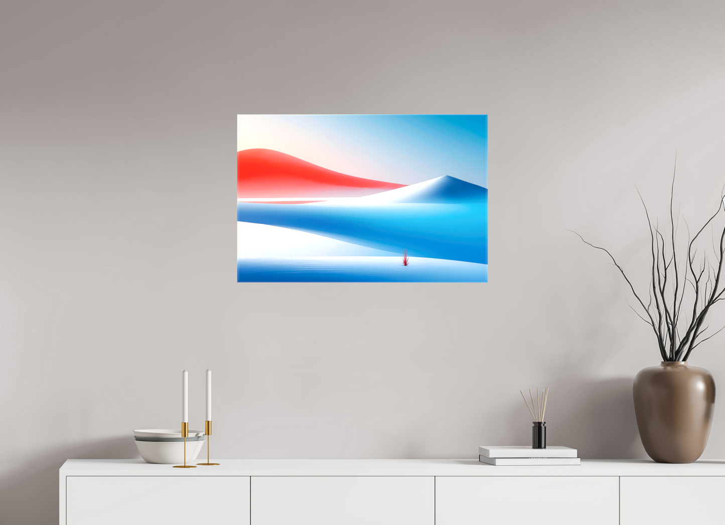 75 x 50 cm, Leinwand glänzend Rotes Leuchten, blaue Stille