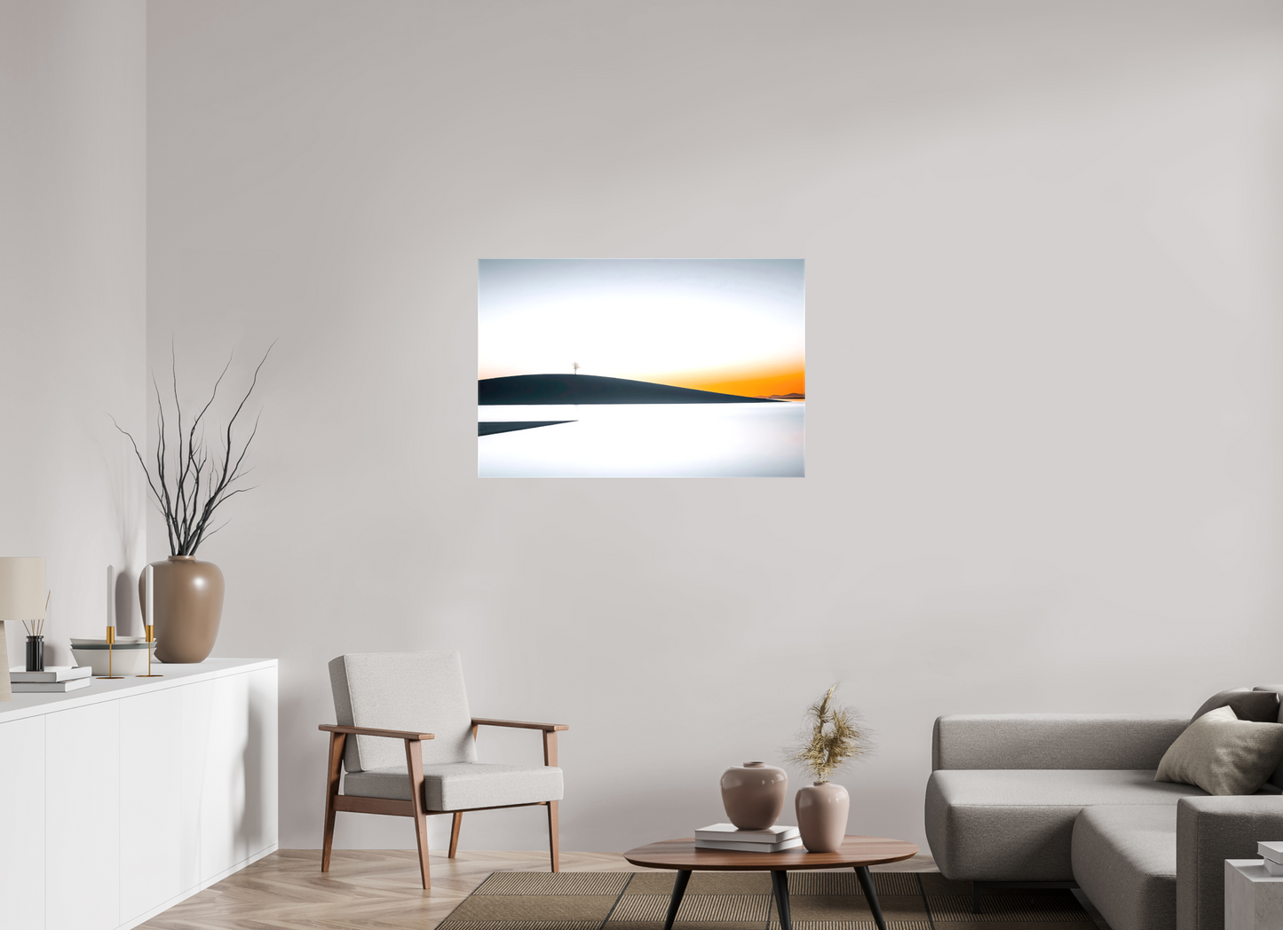 105 x 70 cm, Leinwand glänzend Einsamer Baum im Abendlicht—Wandkunst, Fine Art Print, Leinwand, Acryldruck, Alu-Dibond