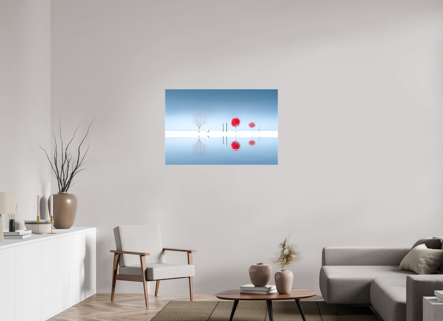 105 x 70 cm, Leinwand glänzend Rote Stille am Ufer—Wandkunst, Fine Art Print, Leinwand, Acryldruck, Alu-Dibond