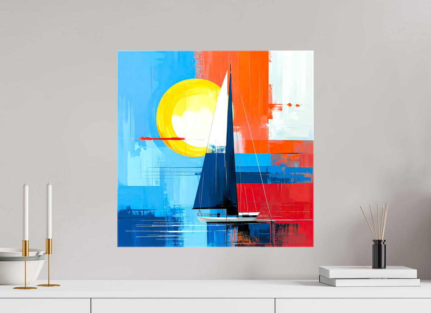 50 x 50 cm, Leinwand glänzend Segelboot-Kunst – Licht, Farbe und Bewegung—Wandkunst, Fine Art Print, Leinwand, Acryldruck, Alu-Dibond