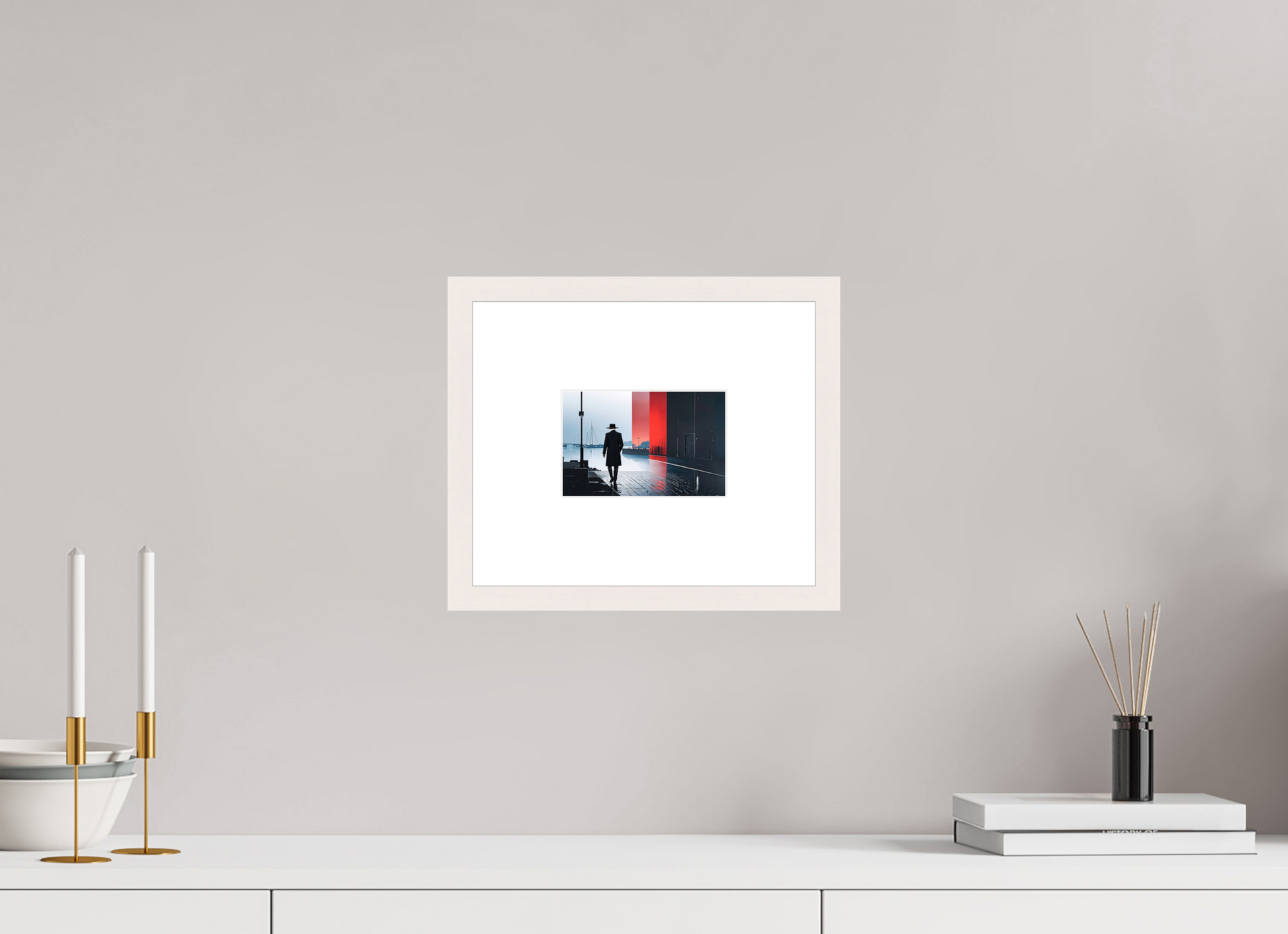 15 x 10 cm, Fine Art Print gerahmt Mann in Hafenstadt -noir city- 01