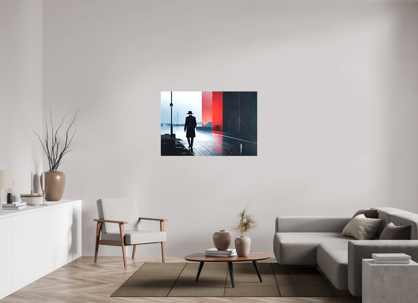 120 x 80 cm, Leinwand glänzend Mann in Hafenstadt -noir city- 01