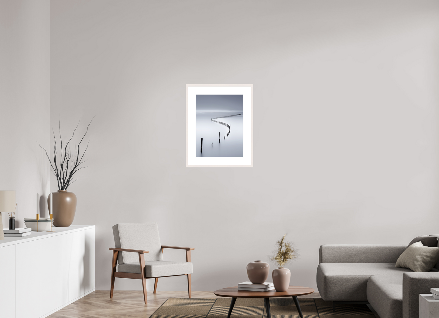 45 x 60 cm, Fine Art Print gerahmt Lichtweg im Watt