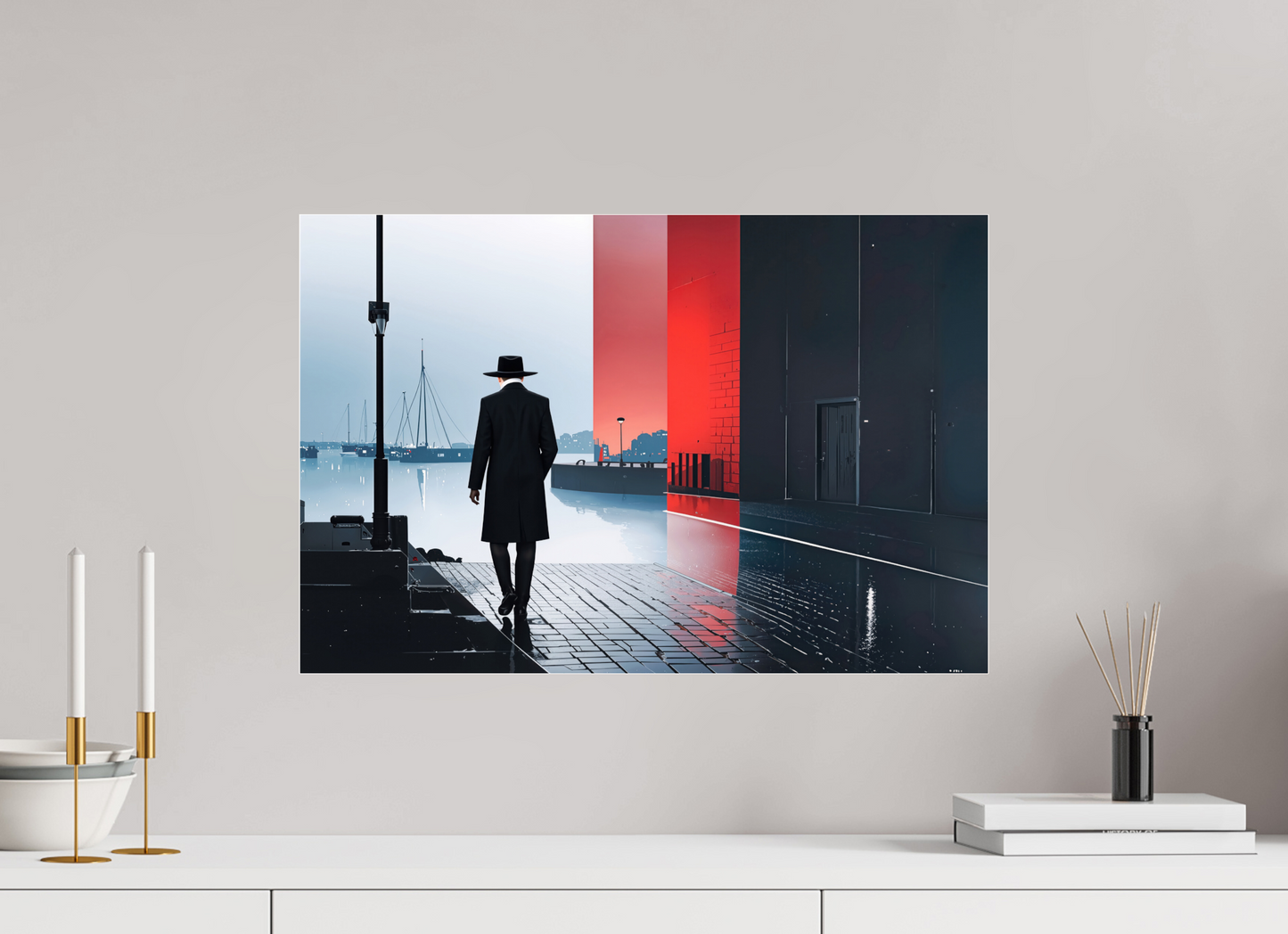60 x 40 cm, Acrylglas glänzend standard Mann in Hafenstadt -noir city- 01
