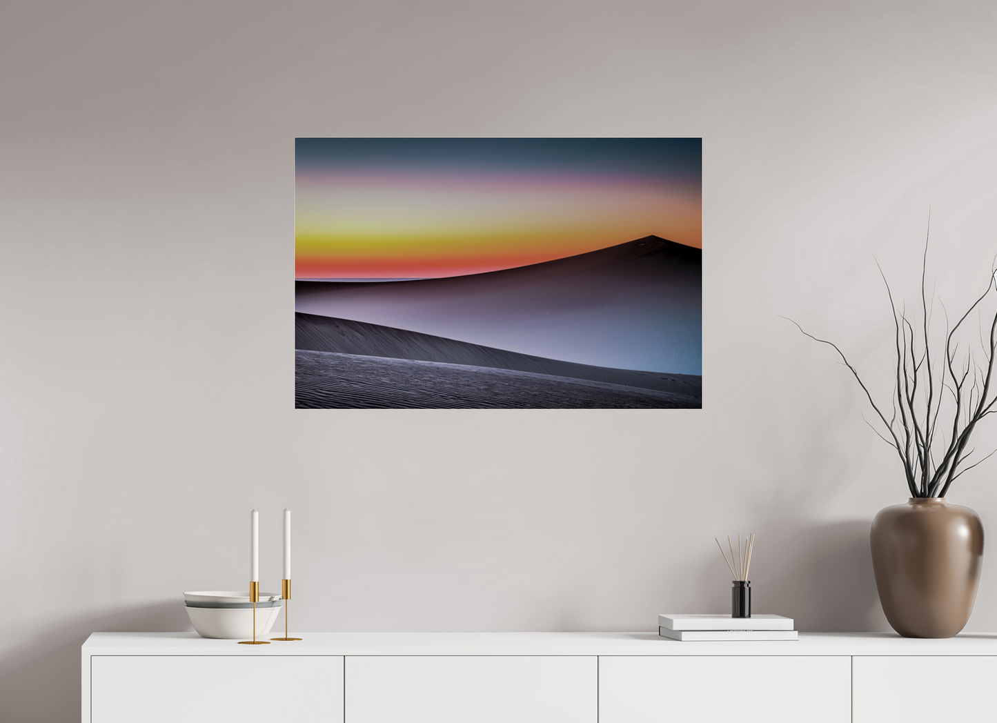 90 x 60 cm, Acrylglas glänzend standard Dämmerung über der Düne—Wandkunst, Fine Art Print, Leinwand, Acryldruck, Alu-Dibond