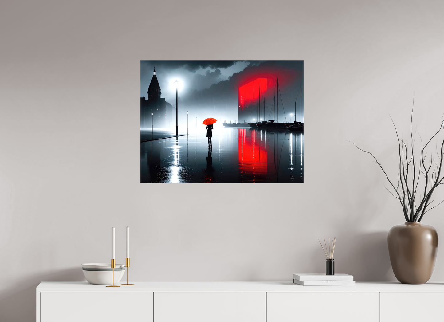 80 x 60 cm, Leinwand glänzend Frau am Seglerhafen bei Nacht-01