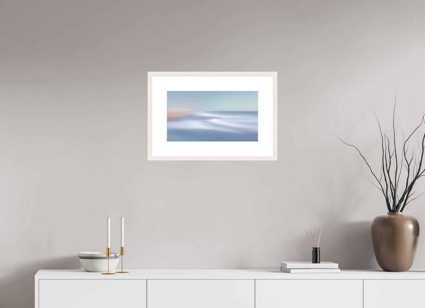 48 x 27 cm, Fine Art Print gerahmt Verwehter Horizont – Strandlicht in Blau