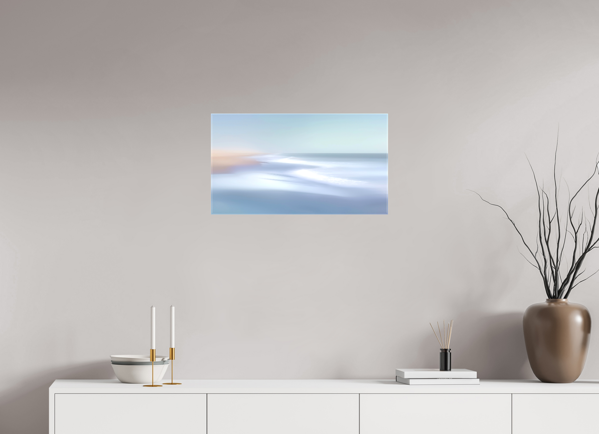 64 x 36 cm, Leinwand glänzend Verwehter Horizont – Strandlicht in Blau—Wandkunst, Fine Art Print, Leinwand, Acryldruck, Alu-Dibond