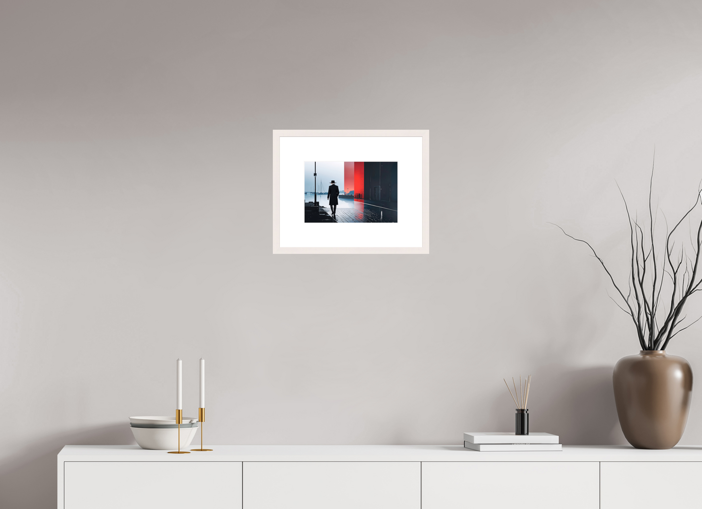 30 x 20 cm, Fine Art Print gerahmt Mann in Hafenstadt -noir city- 01
