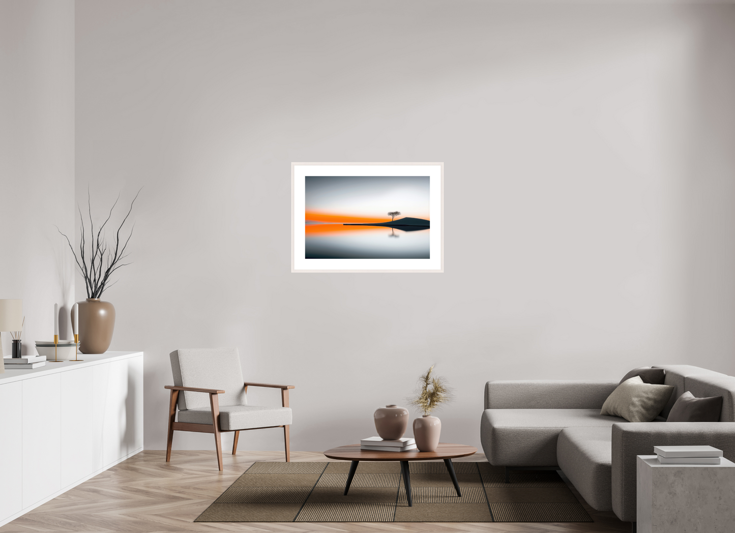 90 x 60 cm, Fine Art Print gerahmt Uferlinie im Morgenlicht