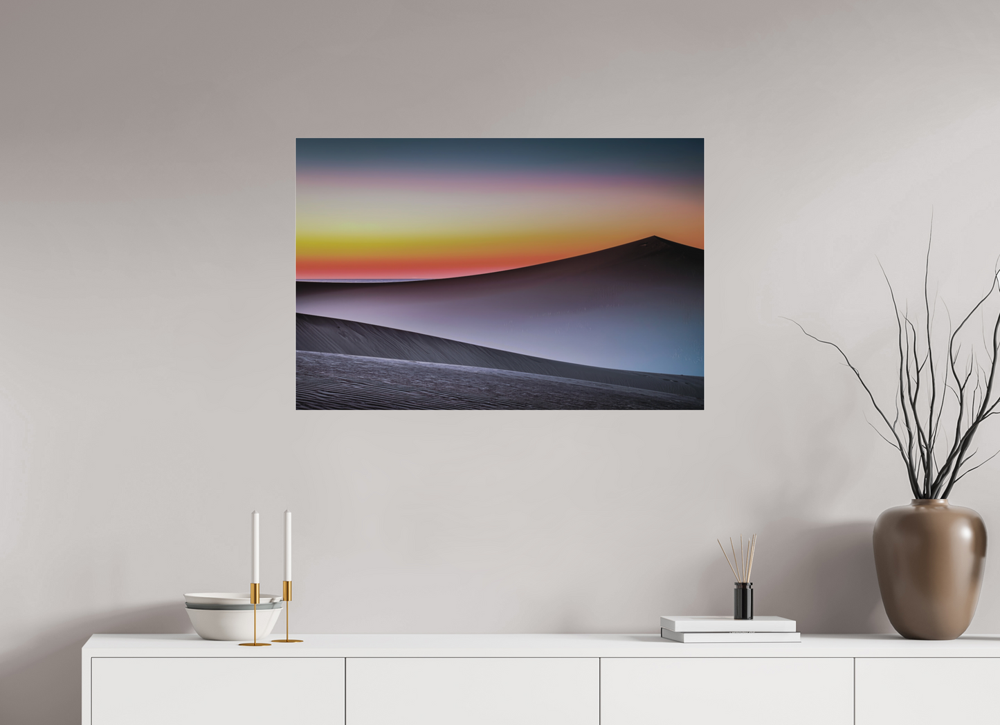 90 x 60 cm, Fine Art Pigmentdruck hinter Acrylglas Dämmerung über der Düne