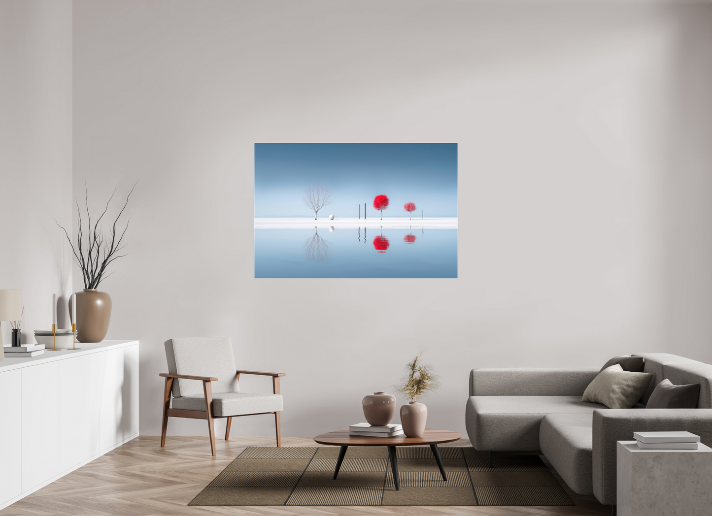 150 x 100 cm, Acrylglas glänzend standard Rote Stille am Ufer—Wandkunst, Fine Art Print, Leinwand, Acryldruck, Alu-Dibond