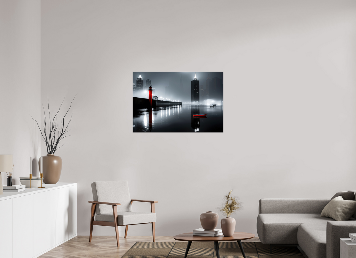 105 x 70 cm, Leinwand glänzend Hafenstadt bei Nacht -noir city- 01—Wandkunst, Fine Art Print, Leinwand, Acryldruck, Alu-Dibond