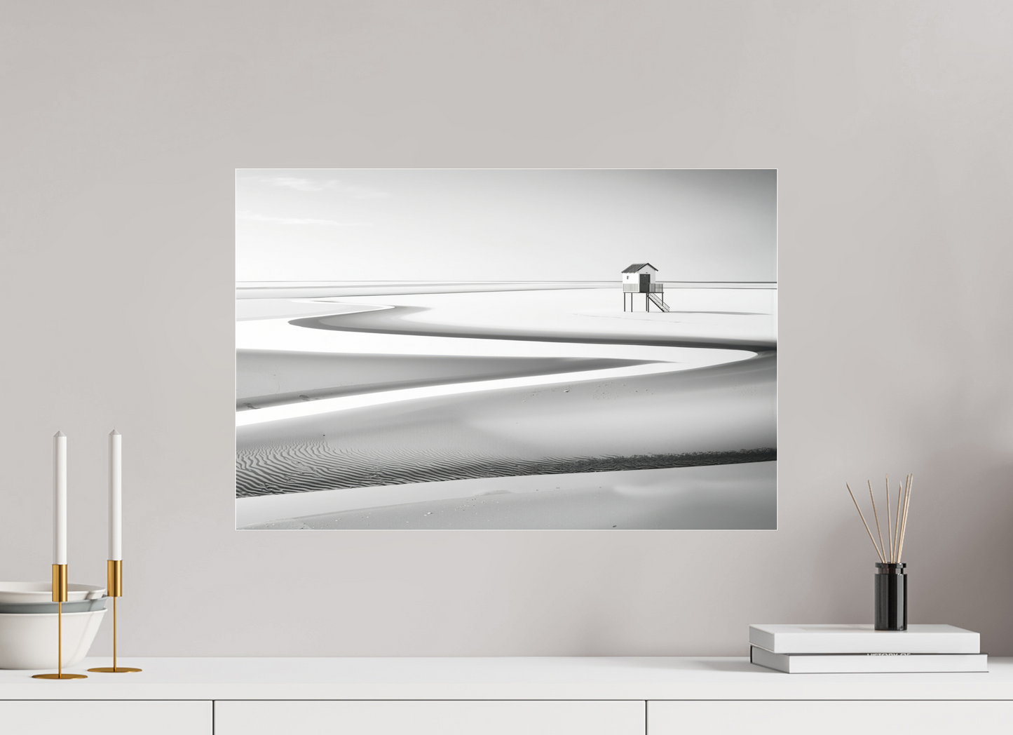 60 x 40 cm, Fine Art Pigmentdruck hinter Acrylglas Pfahlhaus im Wattenmeer-01