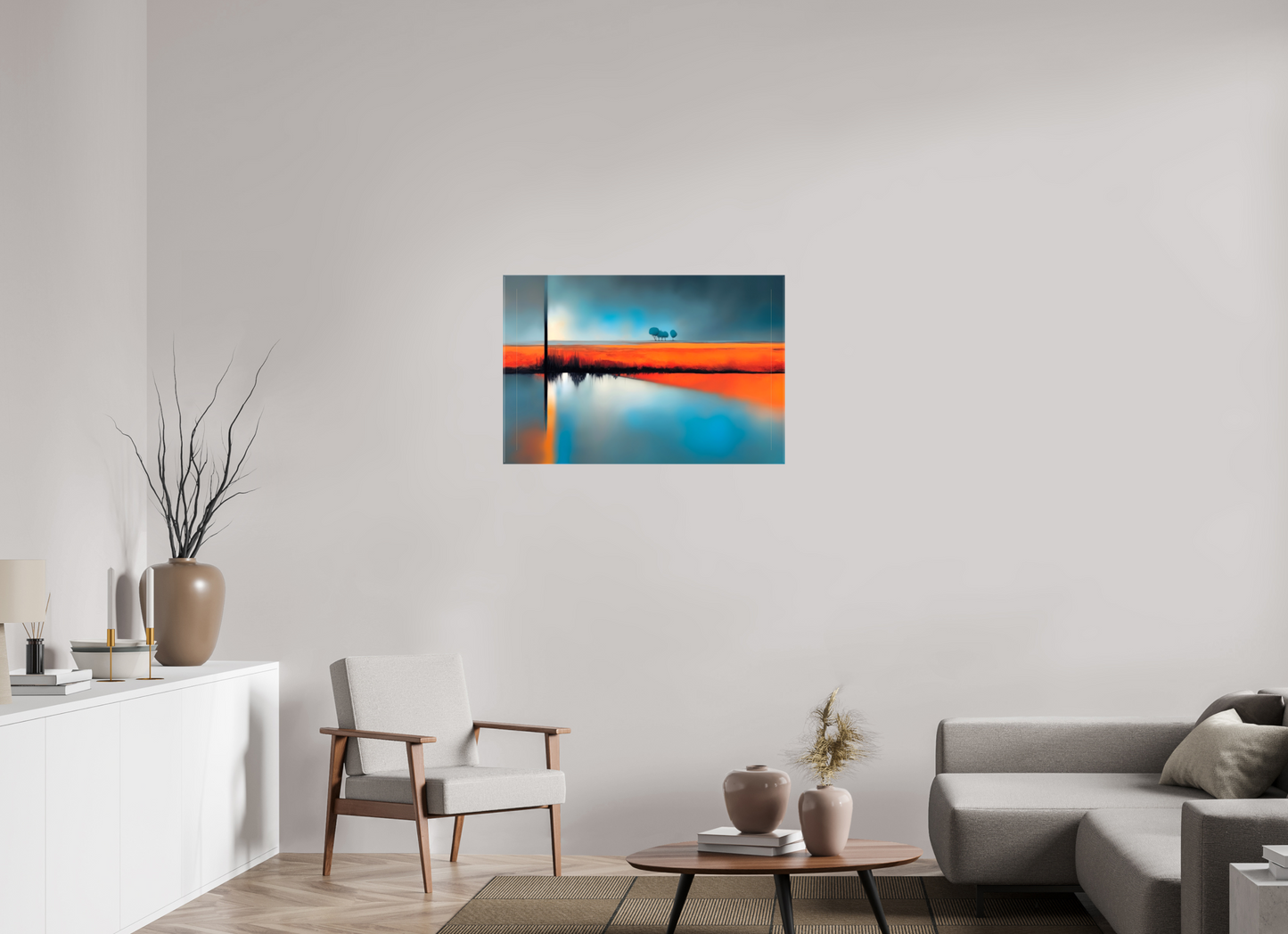 90 x 60 cm, Leinwand glänzend Blauer Halt am roten Ufer—Wandkunst, Fine Art Print, Leinwand, Acryldruck, Alu-Dibond