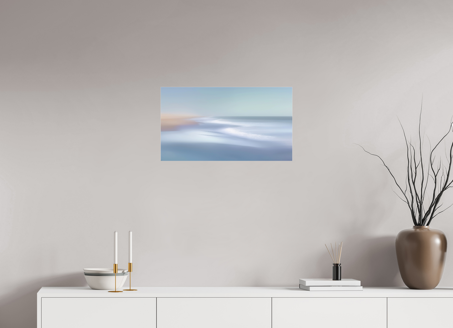 64 x 36 cm, Acrylglas glänzend standard Verwehter Horizont – Strandlicht in Blau—Wandkunst, Fine Art Print, Leinwand, Acryldruck, Alu-Dibond