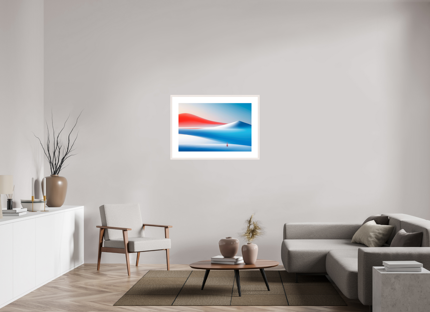 90 x 60 cm, Fine Art Print gerahmt Rotes Leuchten, blaue Stille