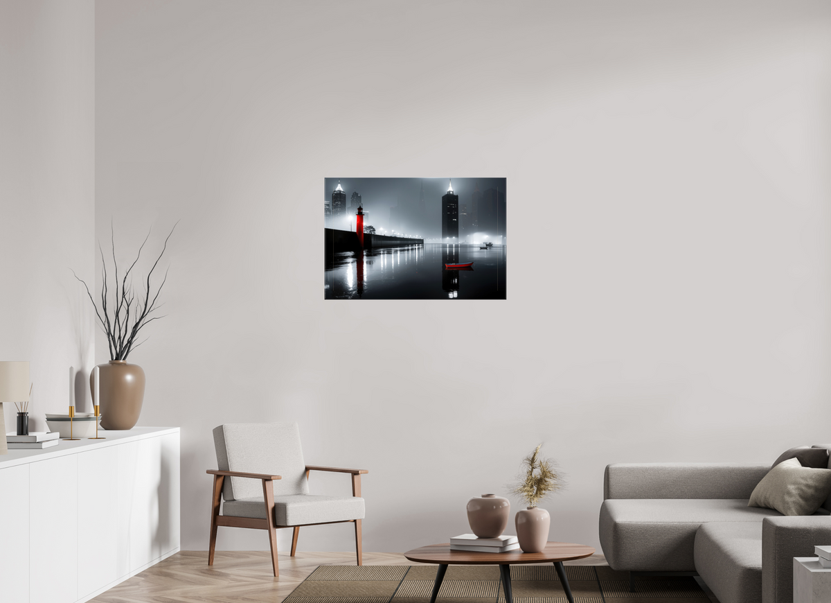 90 x 60 cm, Leinwand glänzend Hafenstadt bei Nacht -noir city- 01—Wandkunst, Fine Art Print, Leinwand, Acryldruck, Alu-Dibond