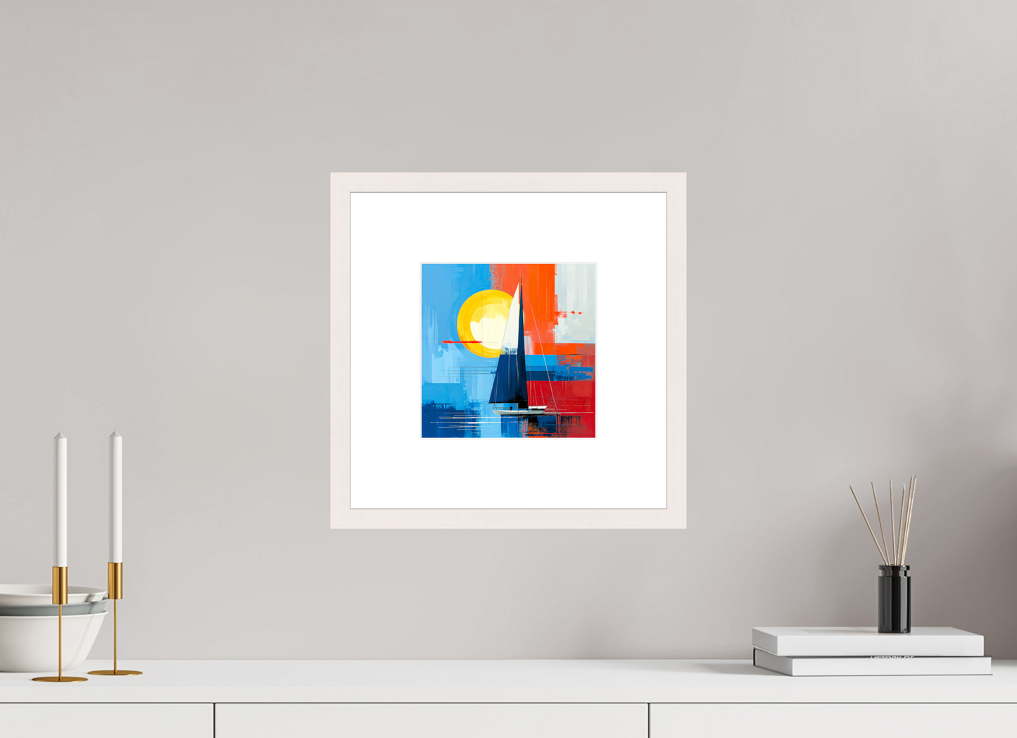 20 x 20 cm, Fine Art Print gerahmt Segelboot-Kunst – Licht, Farbe und Bewegung