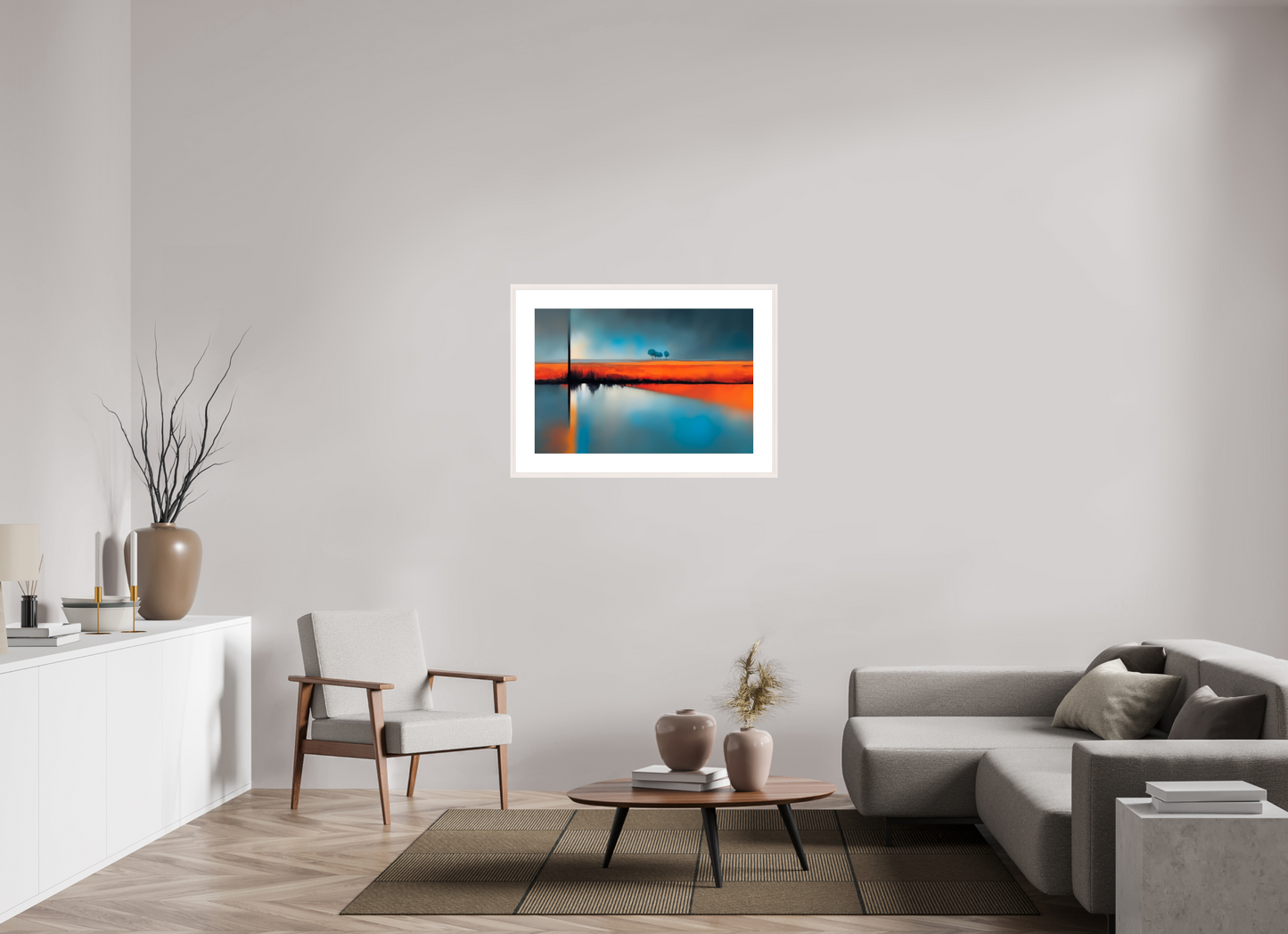 90 x 60 cm, Fine Art Print gerahmt Blauer Halt am roten Ufer