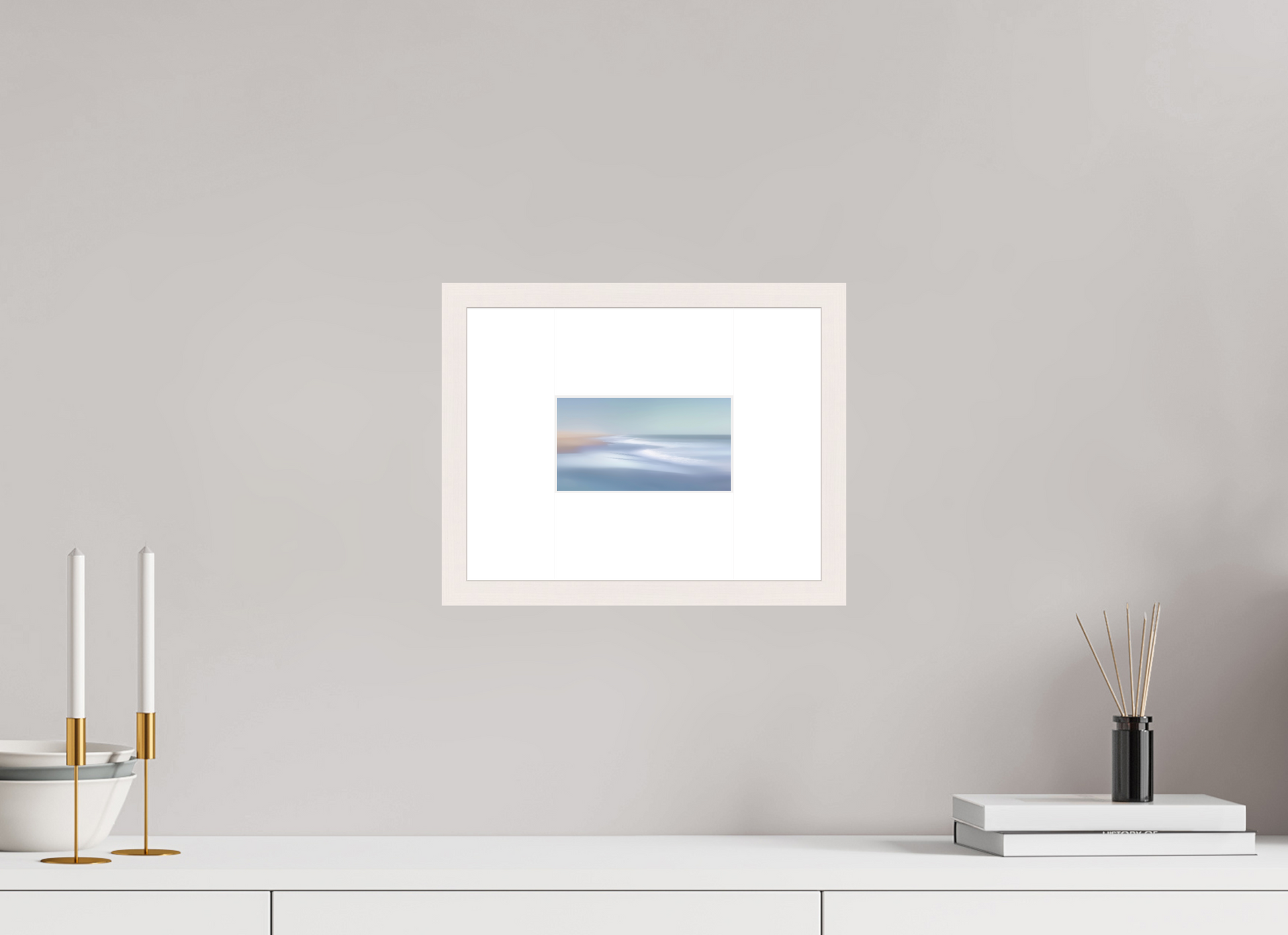 16 x 9 cm, Fine Art Print gerahmt Verwehter Horizont – Strandlicht in Blau