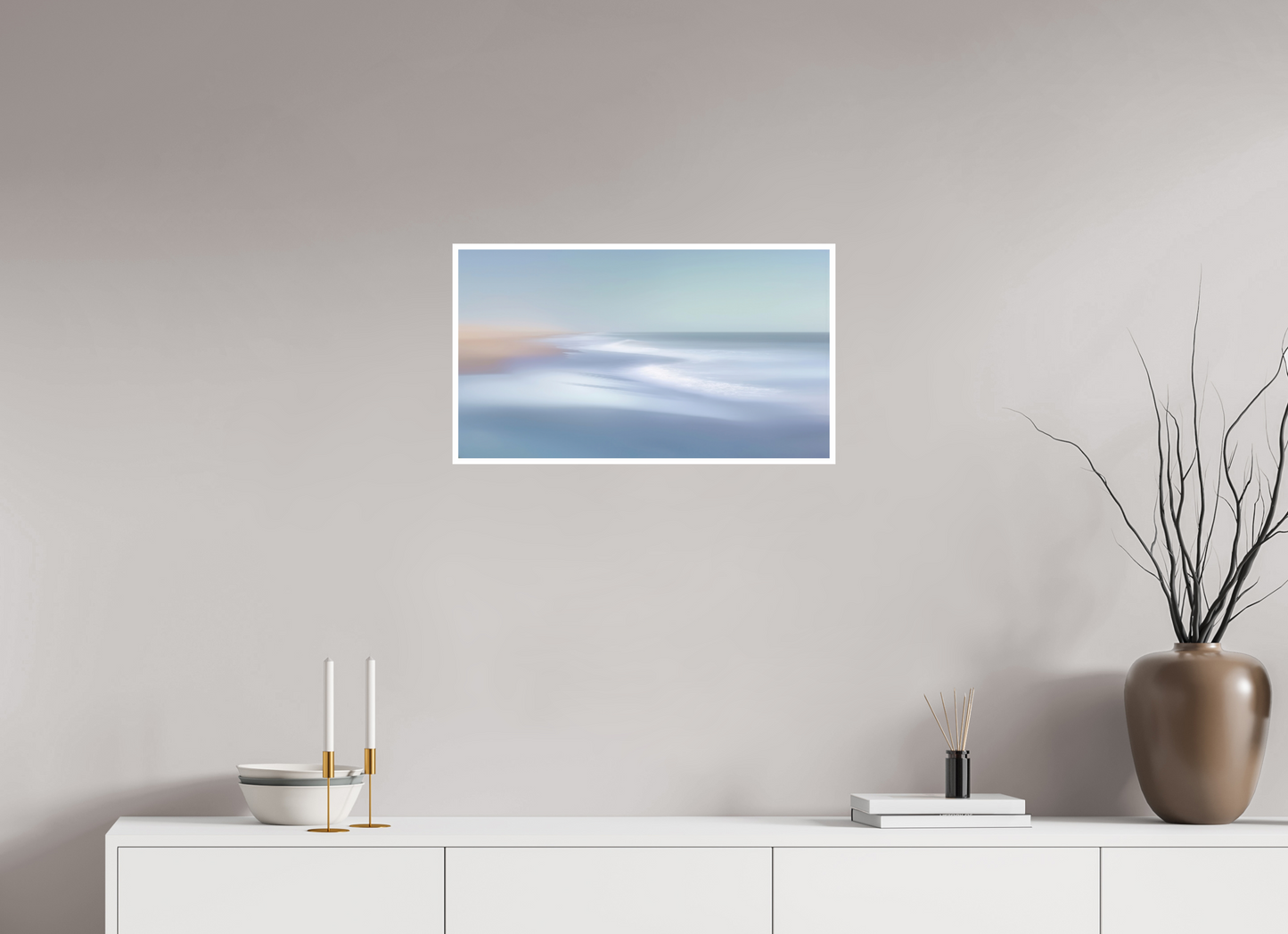 64 x 36 cm, Fine Art Print Hahnemühle Baryta Verwehter Horizont – Strandlicht in Blau—Wandkunst, Fine Art Print, Leinwand, Acryldruck, Alu-Dibond