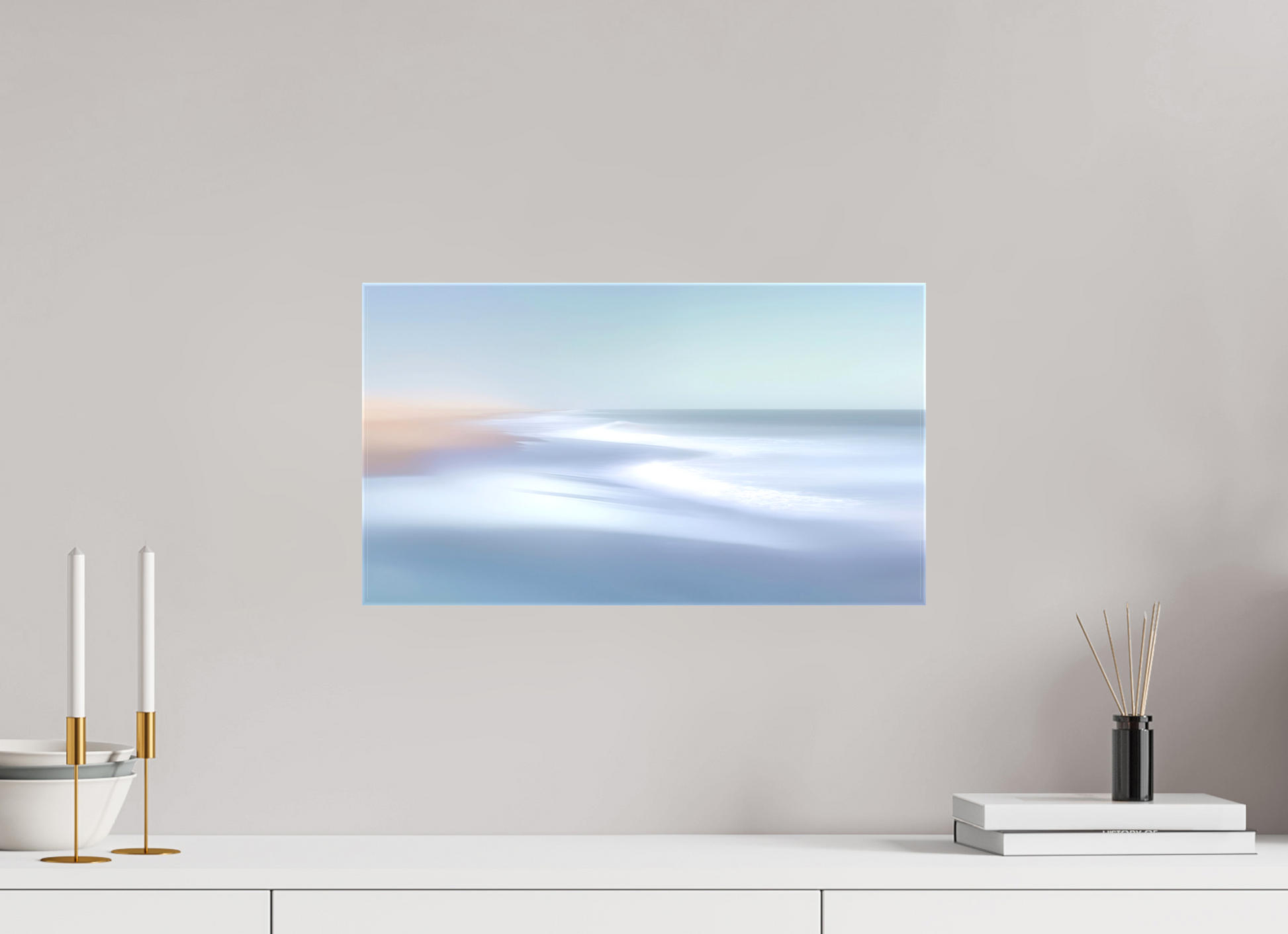 48 x 27 cm, Leinwand glänzend Verwehter Horizont – Strandlicht in Blau—Wandkunst, Fine Art Print, Leinwand, Acryldruck, Alu-Dibond