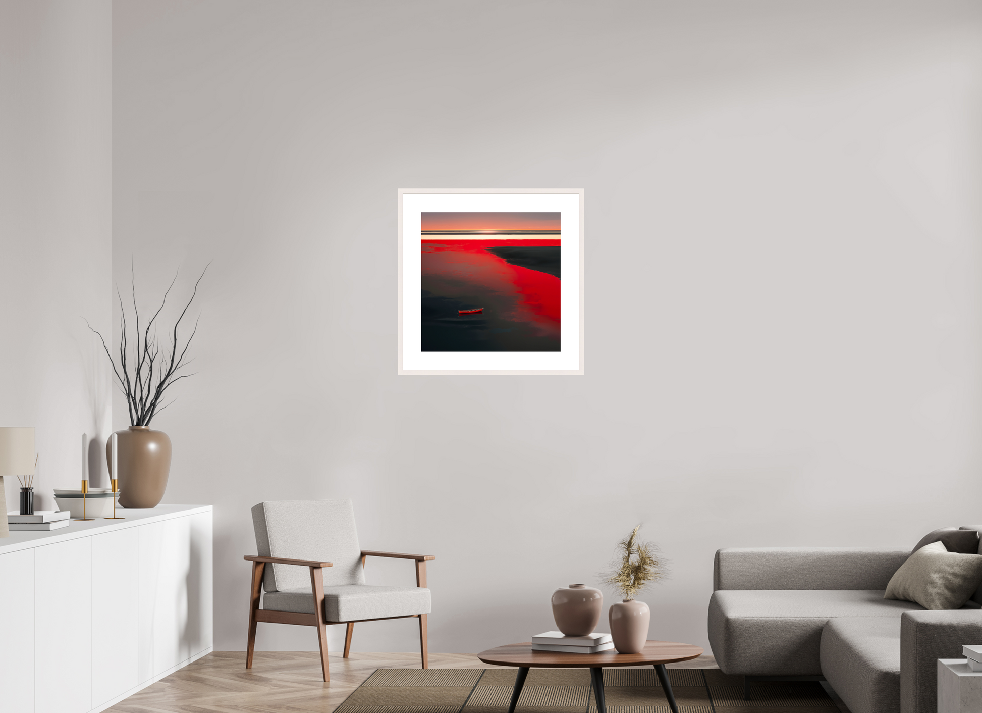 60 x 60 cm, Fine Art Print gerahmt Allein im Rot