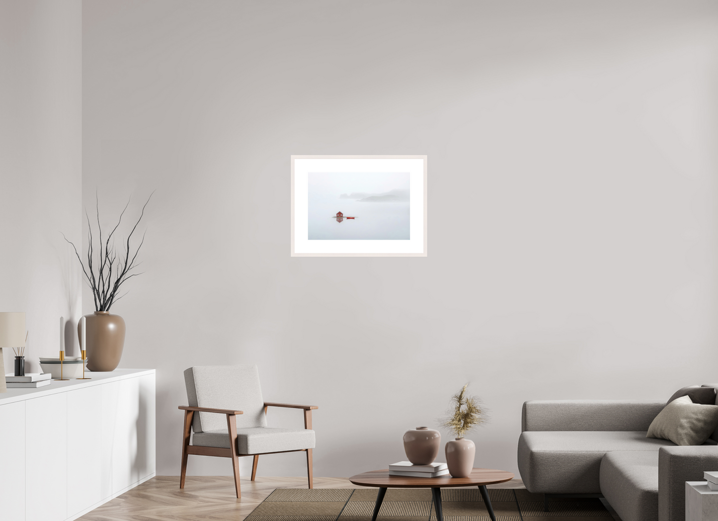 60 x 40 cm, Fine Art Print gerahmt Im Küstennebel ein Zuhause--Wandbild, Wandkunst, Fine Art Print, Leinwand, Acryldruck, Alu-Dibond