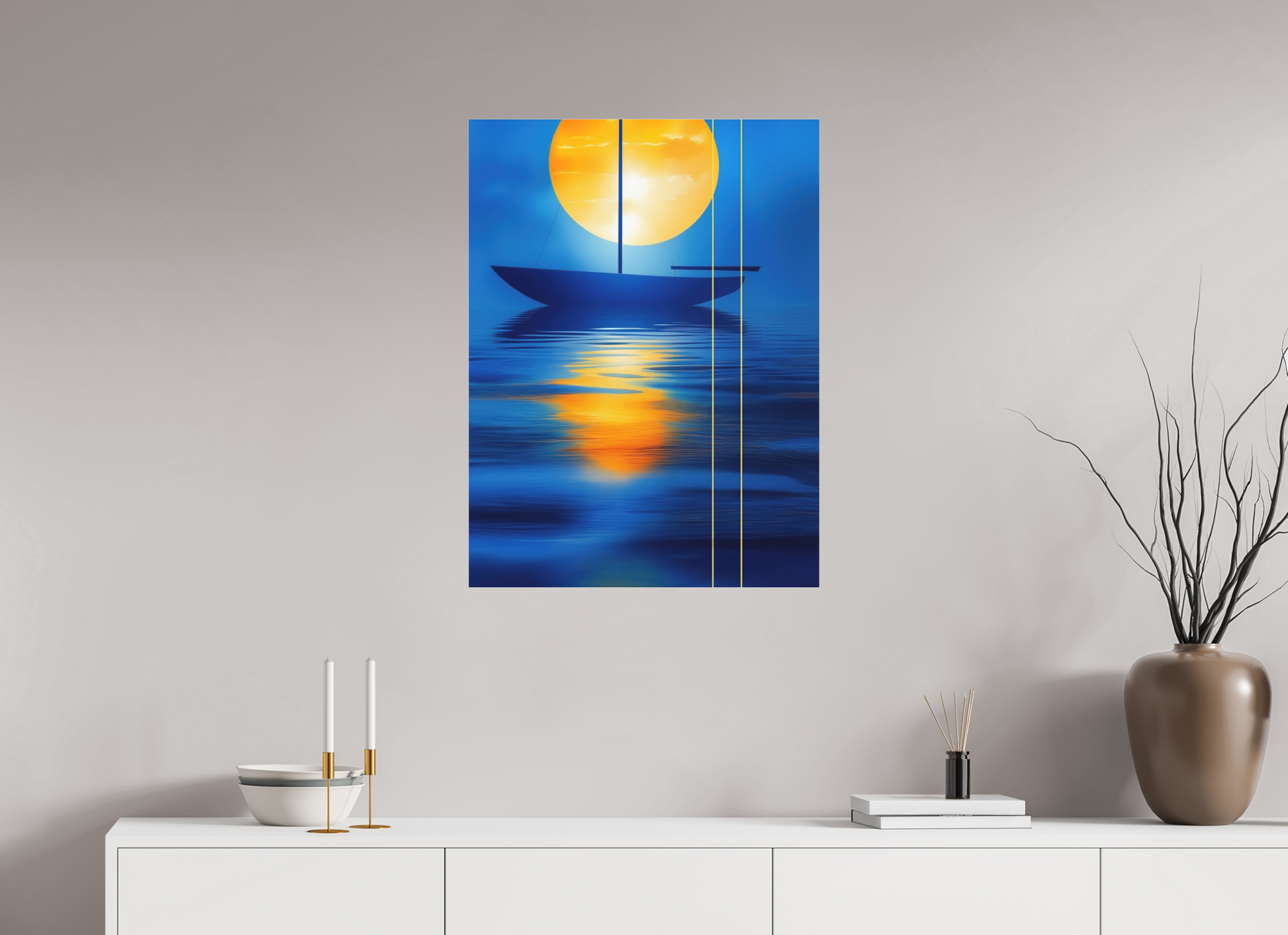 60 x 80 cm, Fine Art Pigmentdruck hinter Acrylglas Segel im goldenen Kreis—Wandkunst, Fine Art Print, Leinwand, Acryldruck, Alu-Dibond