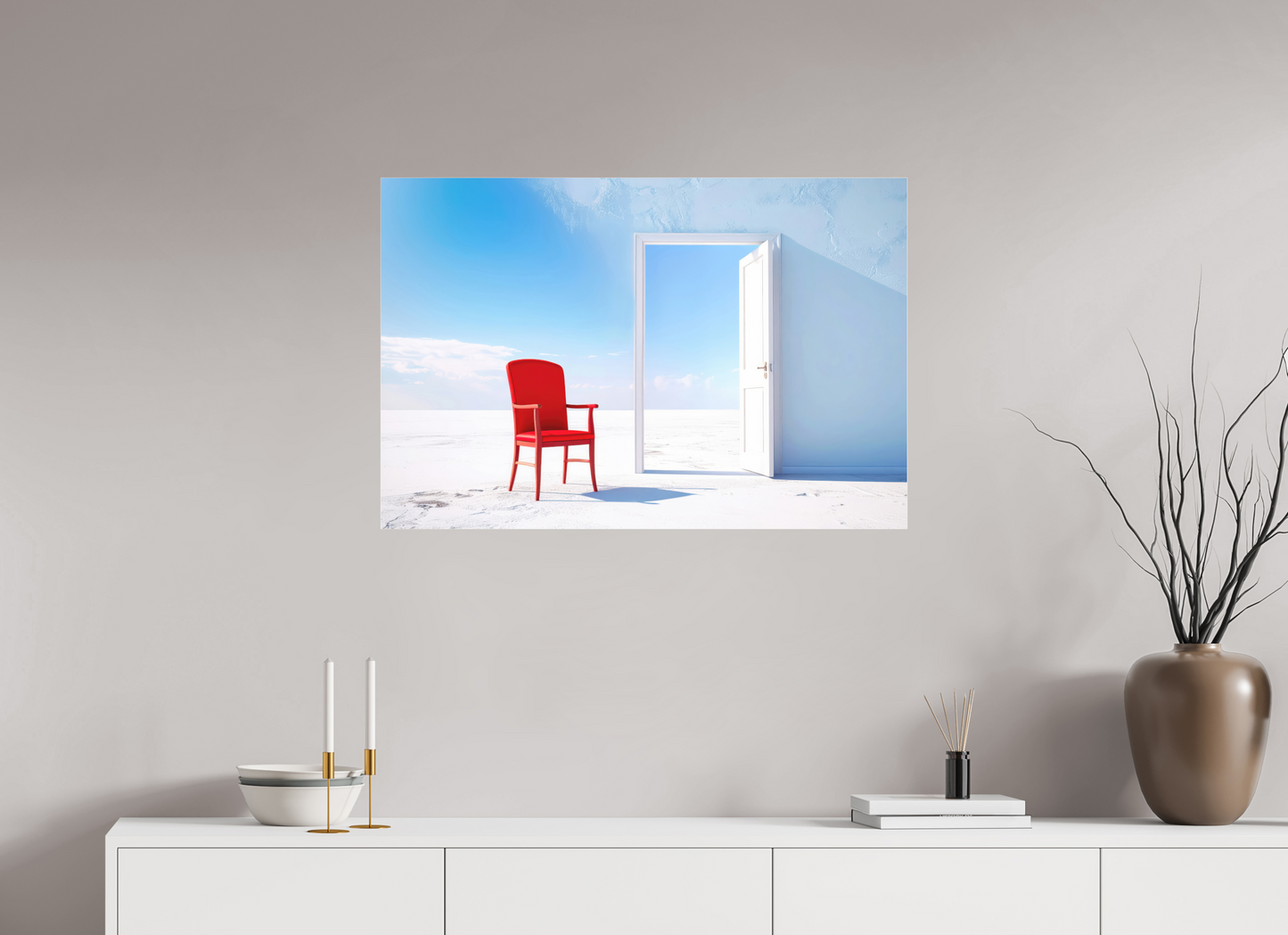 90 x 60 cm, Fine Art Pigmentdruck hinter Acrylglas Blick durch die Tür surreal-02—Wandkunst, Fine Art Print, Leinwand, Acryldruck, Alu-Dibond