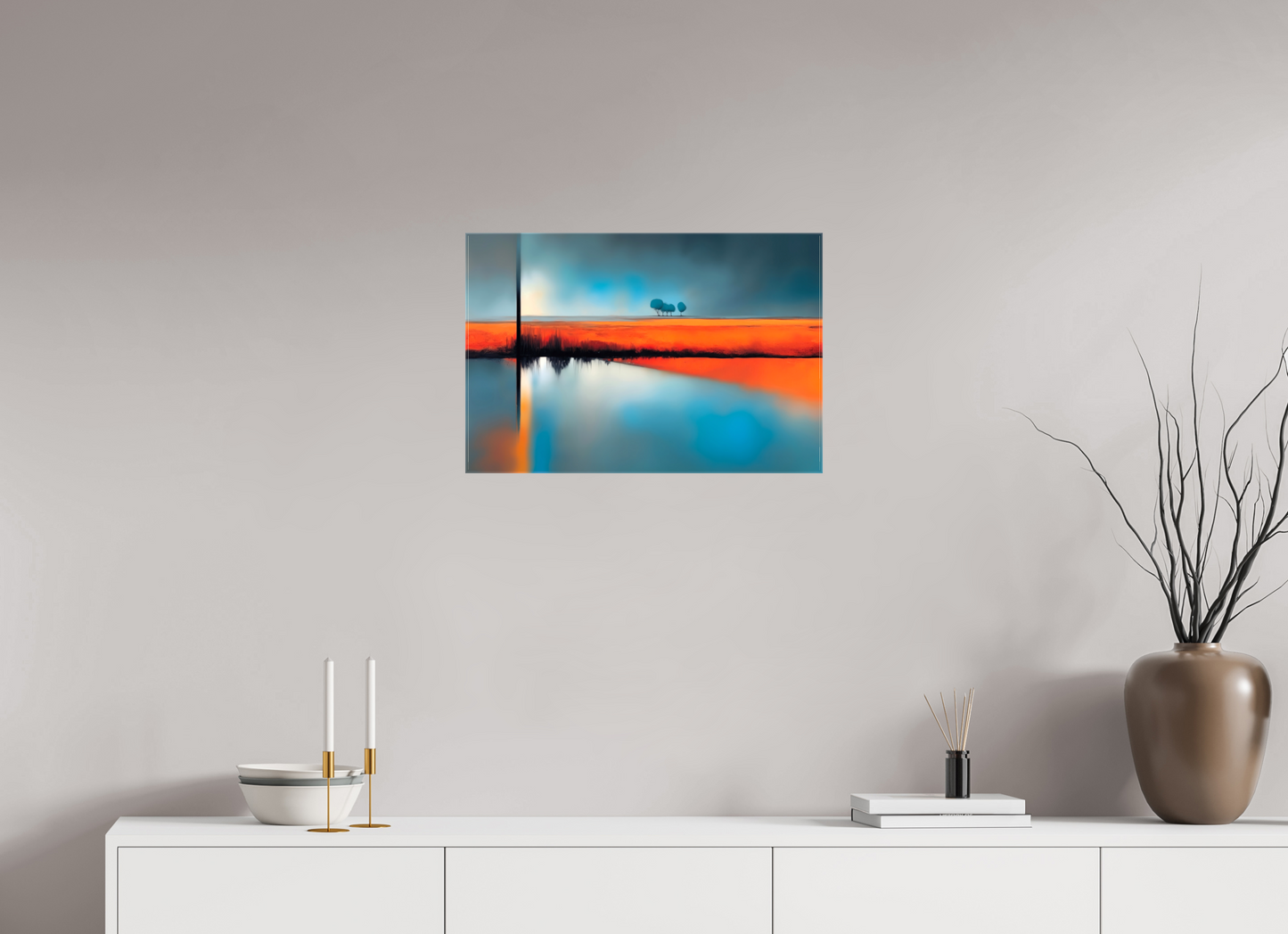 60 x 40 cm, Leinwand glänzend Blauer Halt am roten Ufer—Wandkunst, Fine Art Print, Leinwand, Acryldruck, Alu-Dibond
