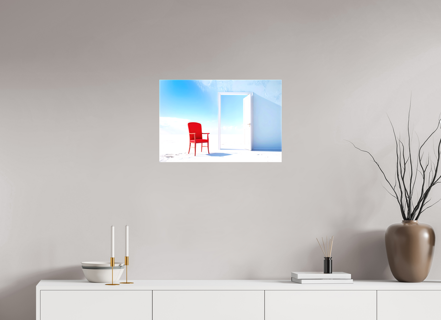 60 x 40 cm, Leinwand glänzend Blick durch die Tür surreal-02—Wandkunst, Fine Art Print, Leinwand, Acryldruck, Alu-Dibond