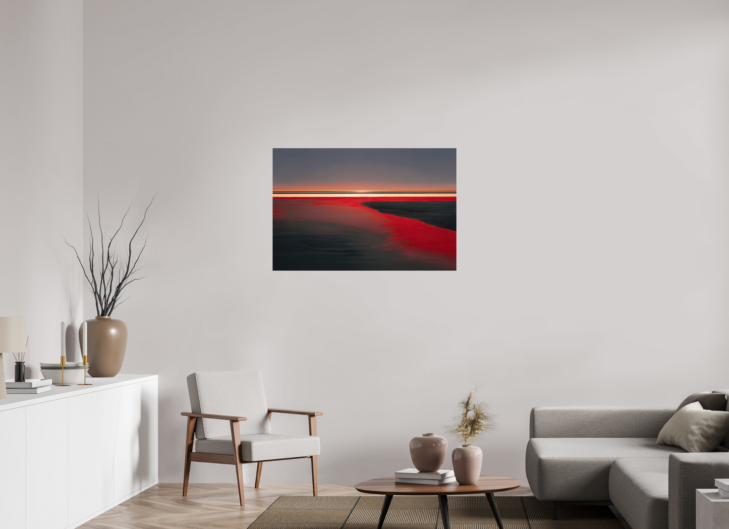 105 x 70 cm, Acrylglas glänzend standard Roter Spiegel des Watts, Abstraktes, surreales Wandbild zeigt die Magie des Wattenmeeres
