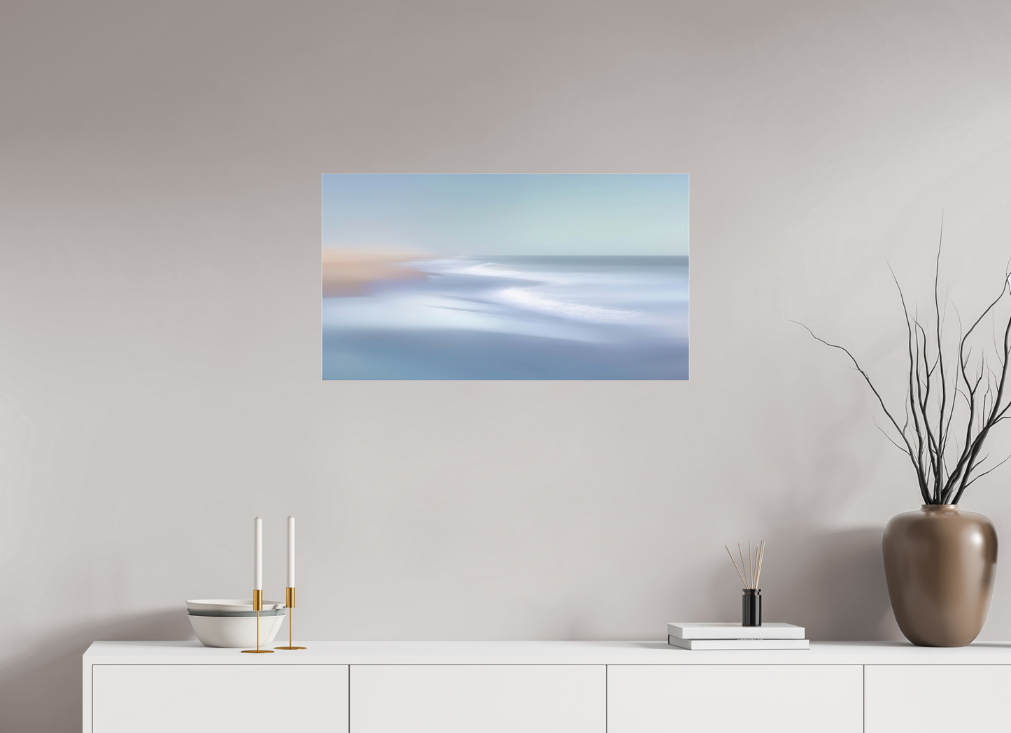 80 x 45 cm, Fine Art Pigmentdruck hinter Acrylglas Verwehter Horizont – Strandlicht in Blau—Wandkunst, Fine Art Print, Leinwand, Acryldruck, Alu-Dibond