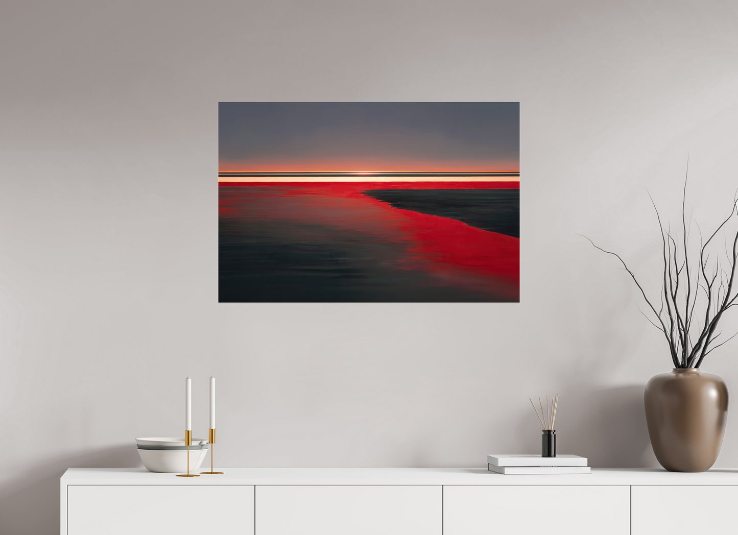 90 x 60 cm, Acrylglas glänzend standard Roter Spiegel des Watts, Abstraktes, surreales Wandbild zeigt die Magie des Wattenmeeres