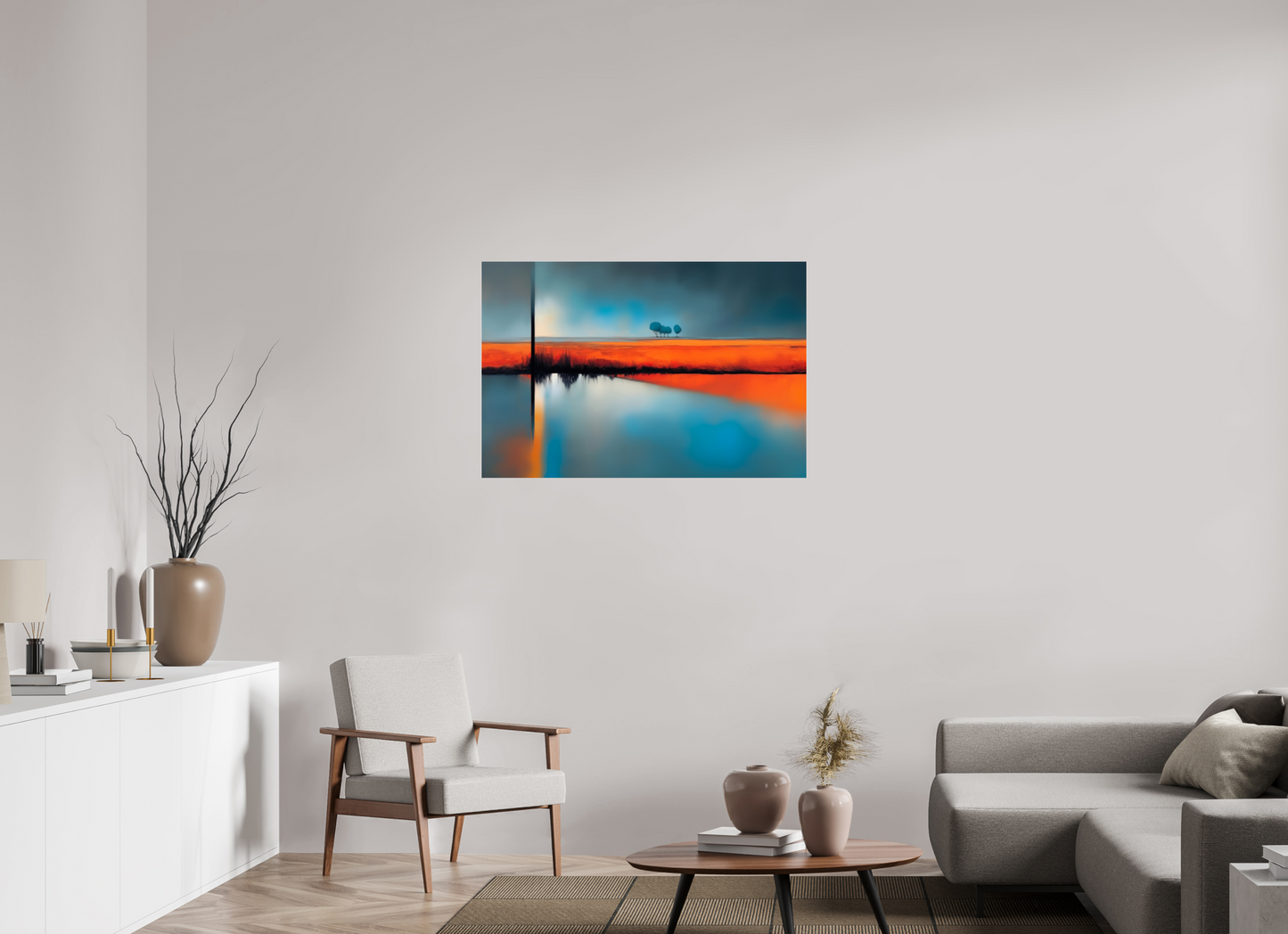 105 x 70 cm, Acrylglas glänzend standard Blauer Halt am roten Ufer—Wandkunst, Fine Art Print, Leinwand, Acryldruck, Alu-Dibond