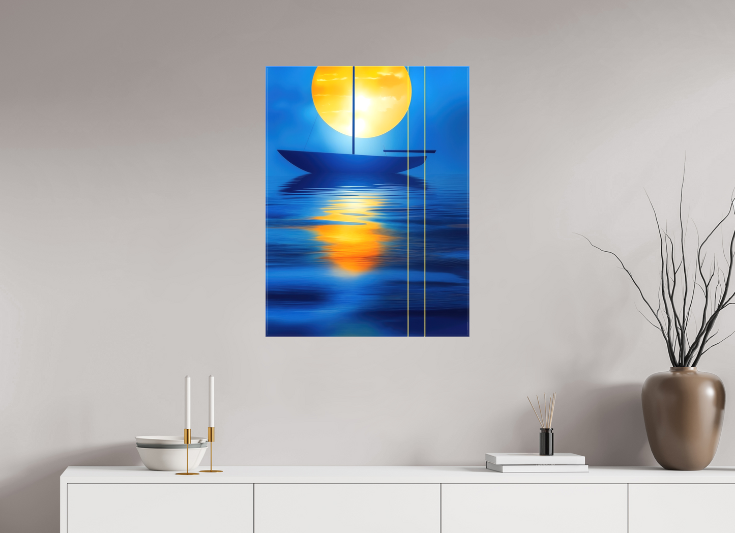 60 x 80 cm, Leinwand glänzend Segel im goldenen Kreis—Wandkunst, Fine Art Print, Leinwand, Acryldruck, Alu-Dibond